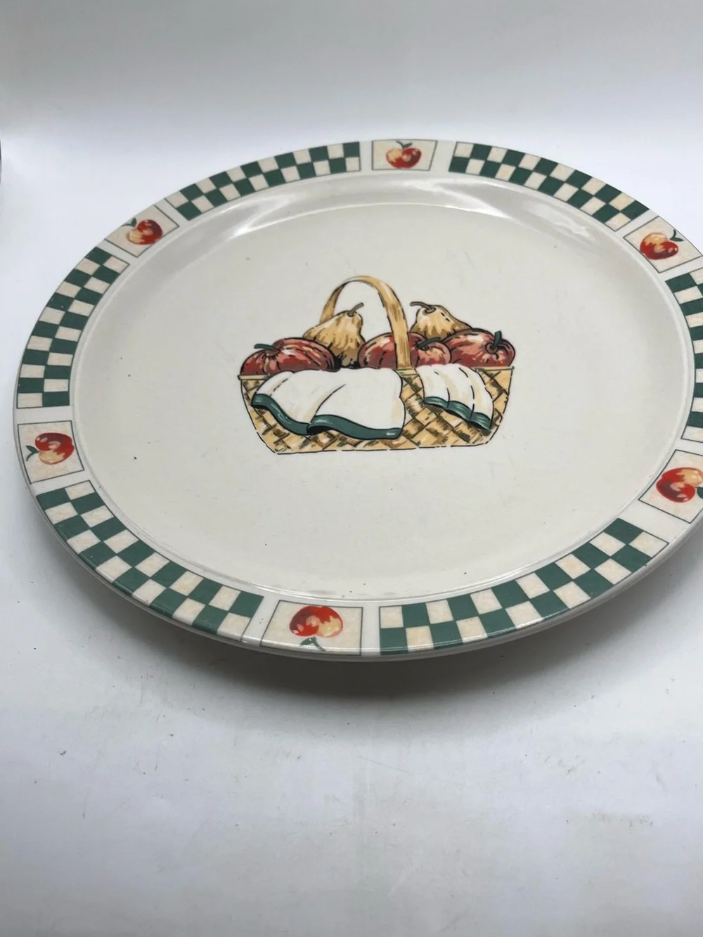 Gibson Cream Dinner Plate with Green Check Rim and Fruit Basket
